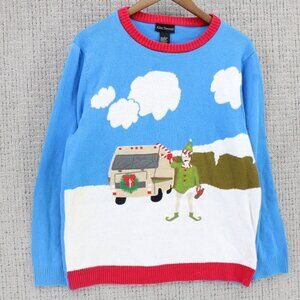 Alex Stevens Christmas Sweater Men Large L Blue Funny Drunk Elf Embroidered. Y2k